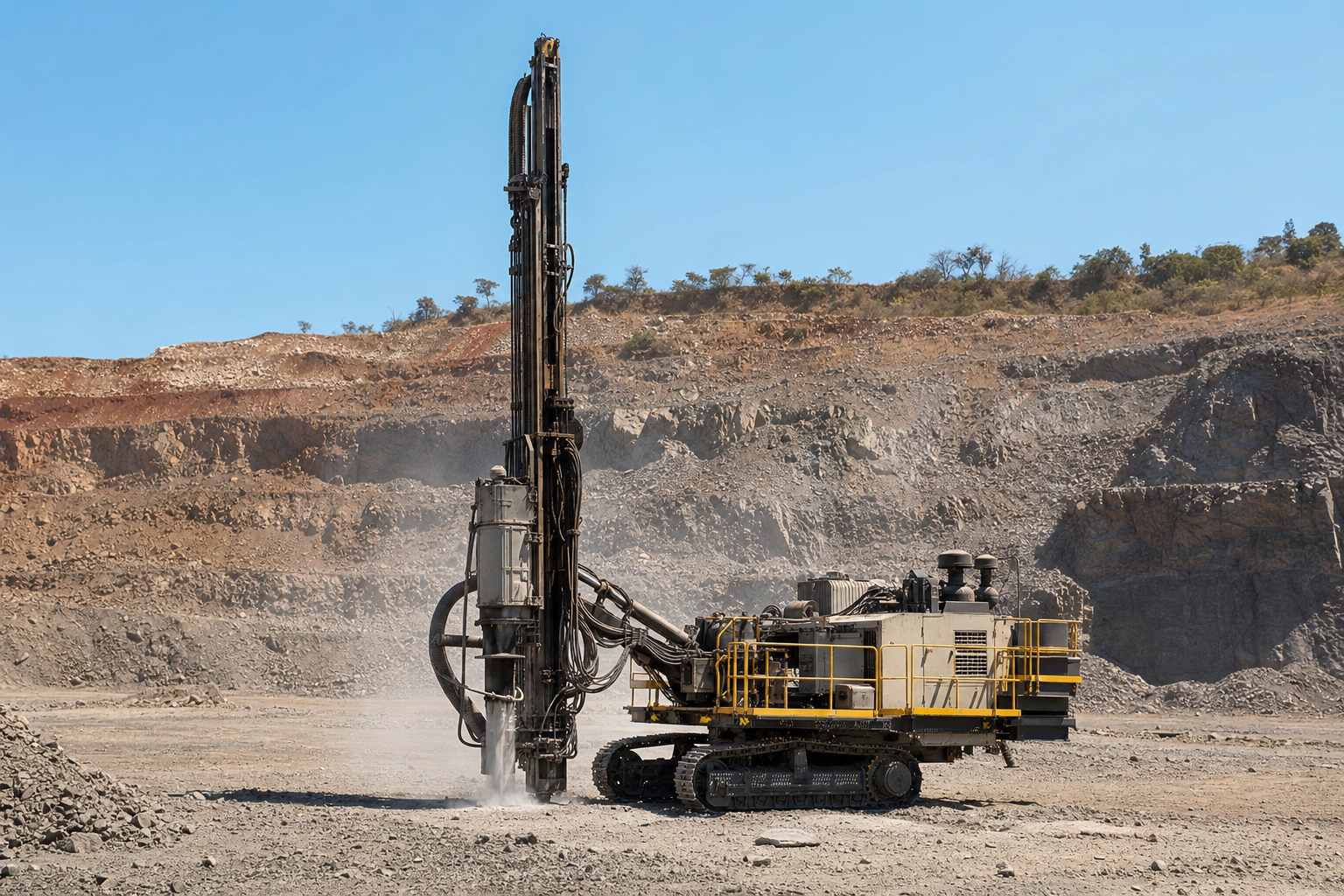 Crawler-mounted rotary blast-hole rig operating on a mine bench