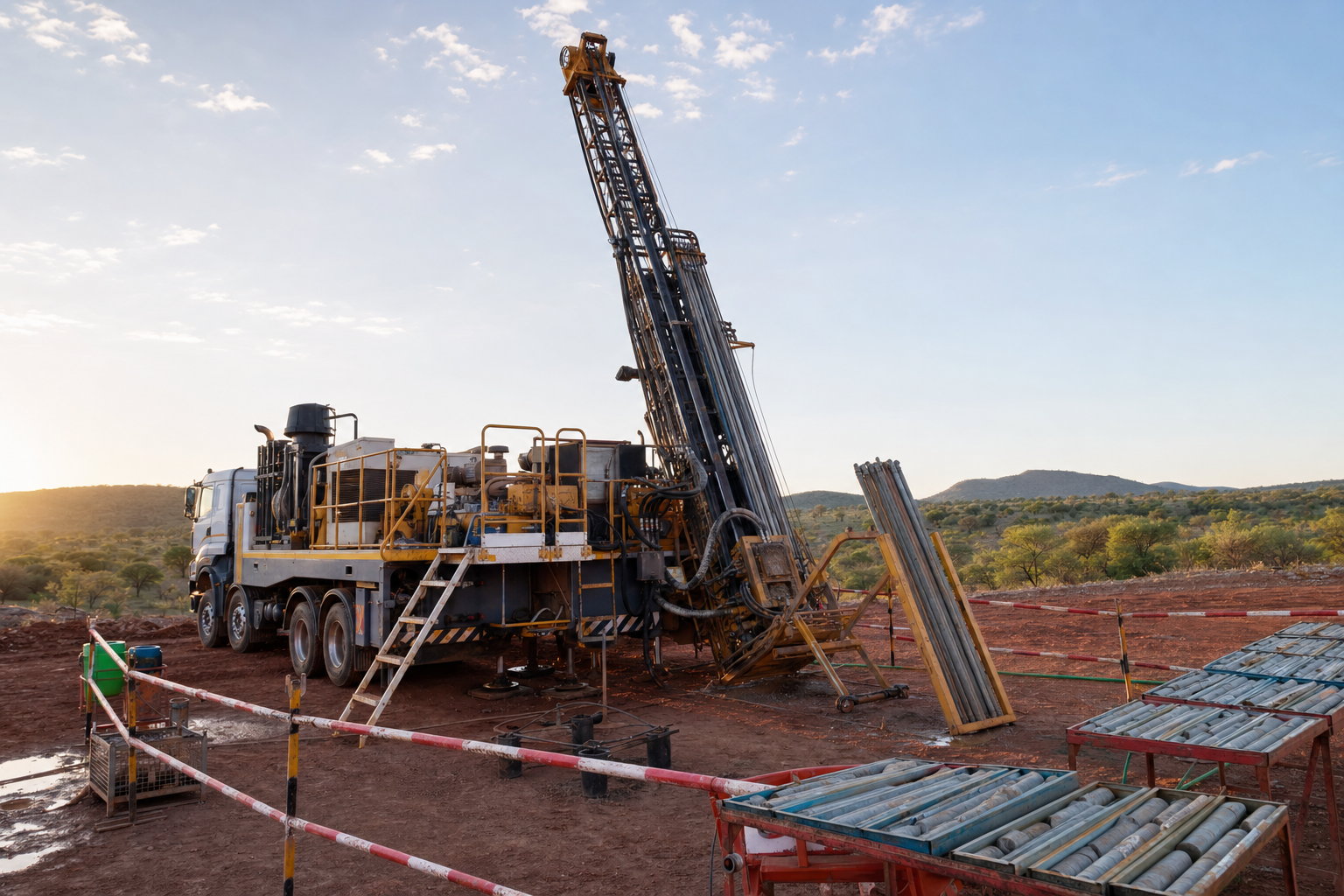 Truck-mounted diamond core drill rig on a Tanzanian exploration pad