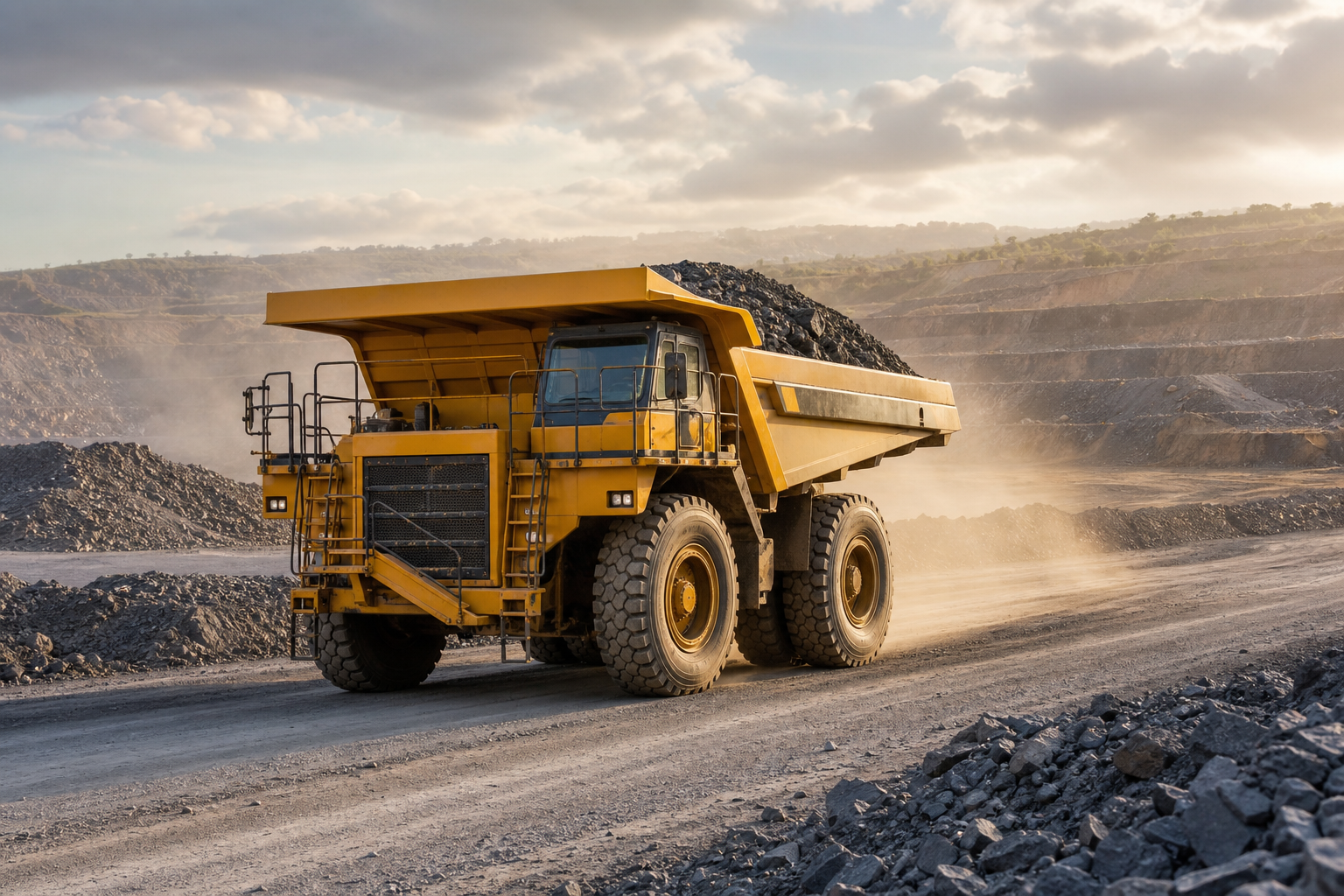 Rigid mining dump truck carrying ore on an open-pit haul road