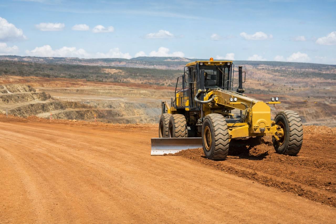 Motor grader maintaining an open-pit mine haul road