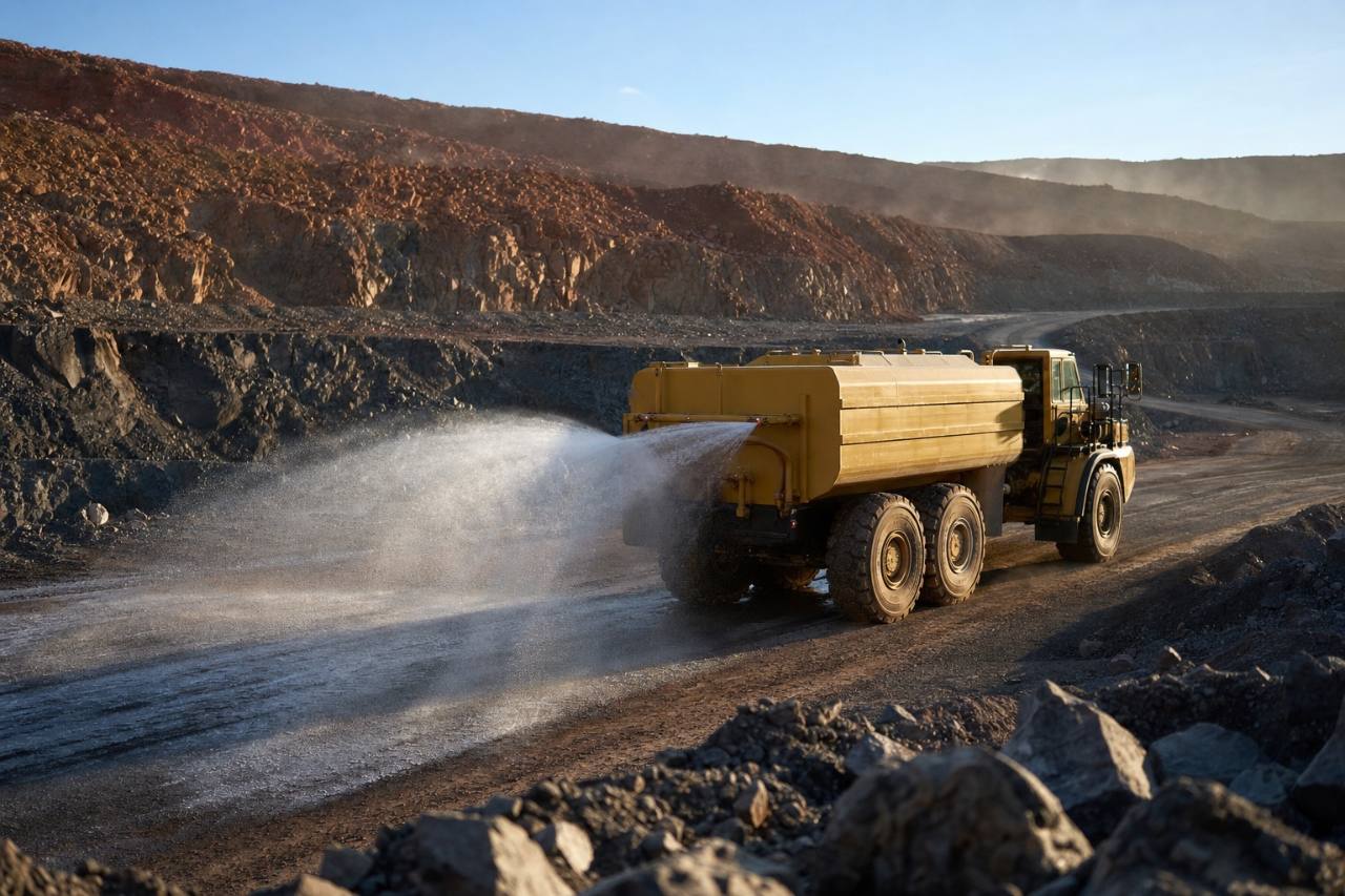 Mine water cart suppressing dust on an open-pit haul road