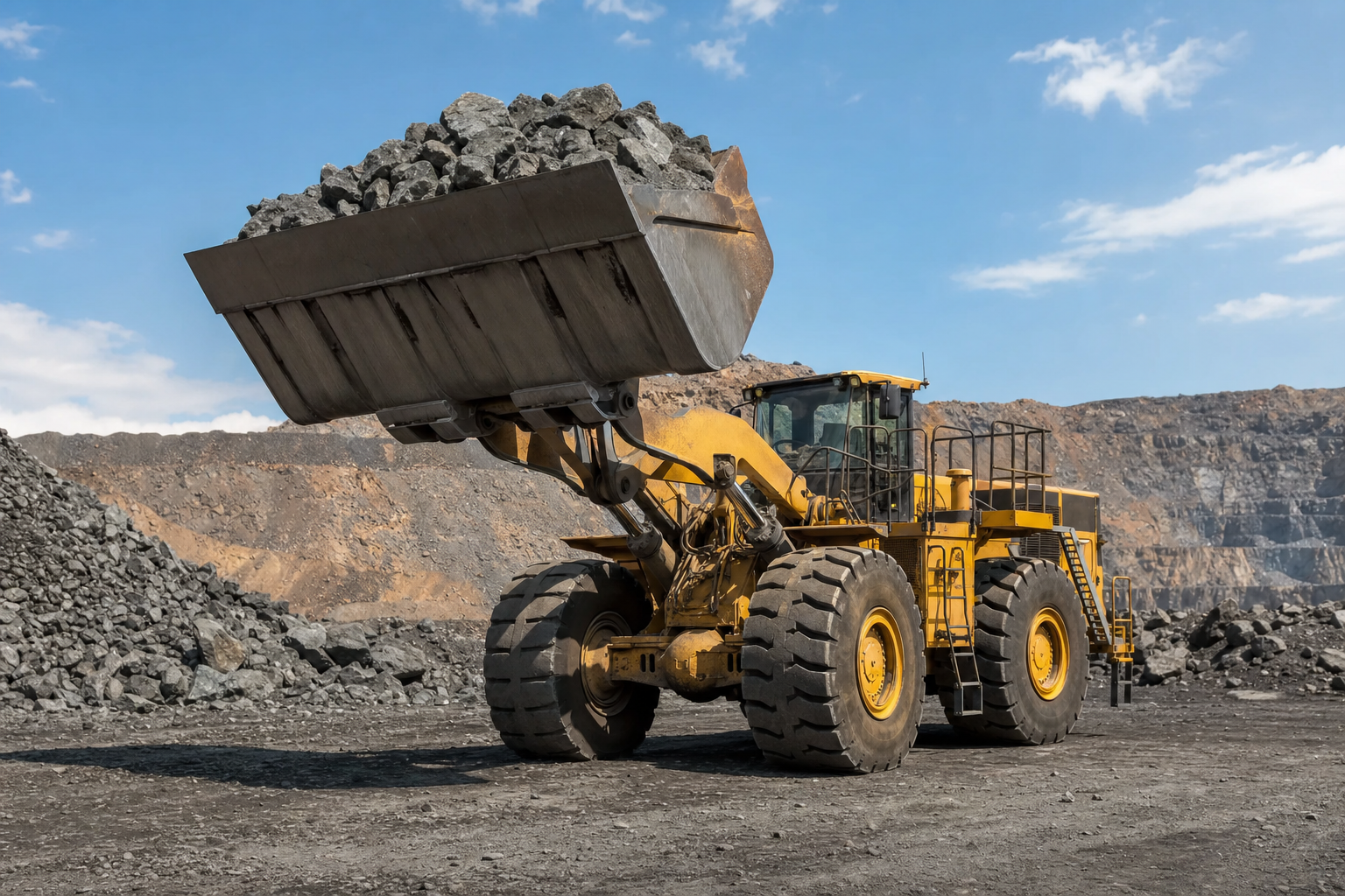 Large wheel loader lifting rock at a mine stockpile