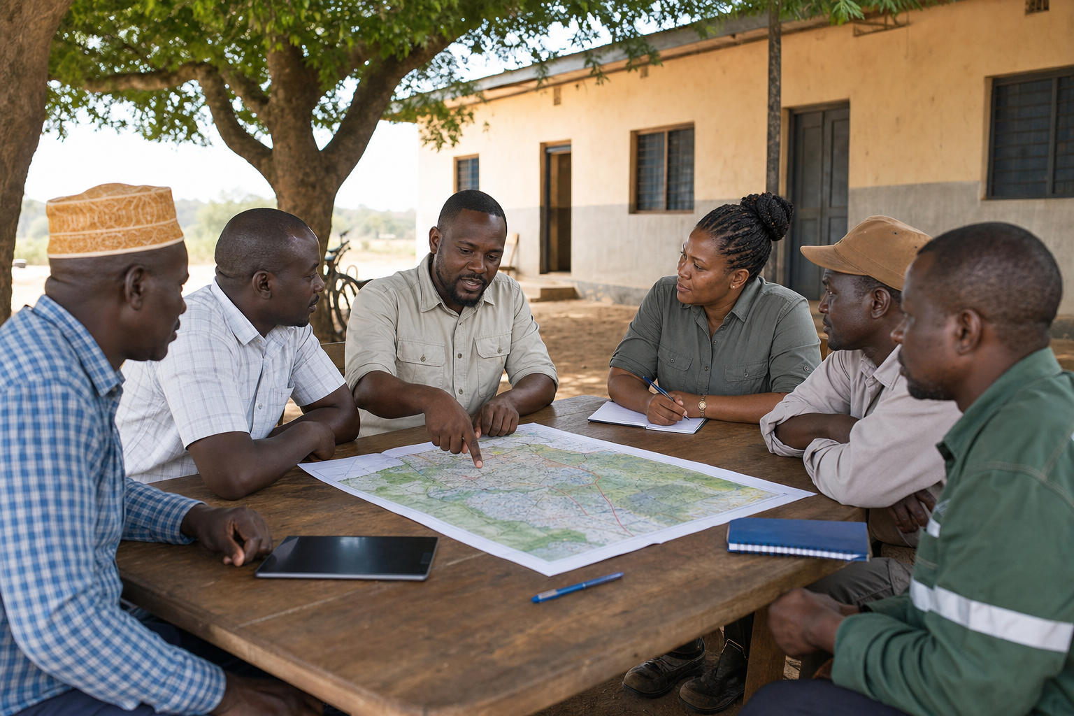 Community representatives and exploration staff discussing a land-access map