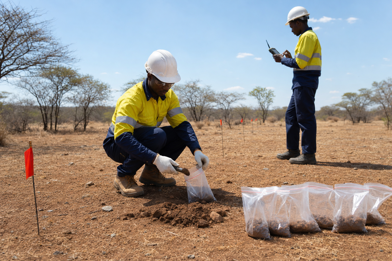Field technicians collecting and recording traceable geochemical soil samples