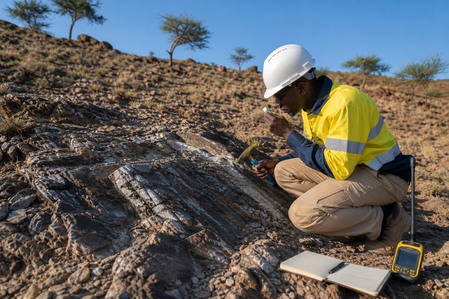 Field geologist examining an exposed rock outcrop during geological investigation
