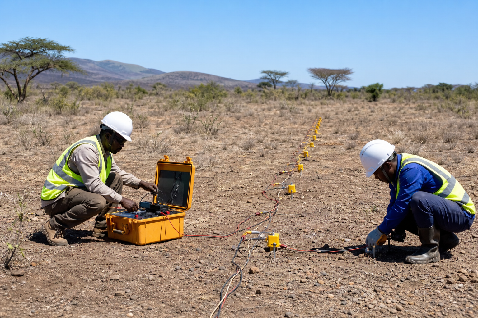 Geophysics technicians operating a cable-connected ground survey array
