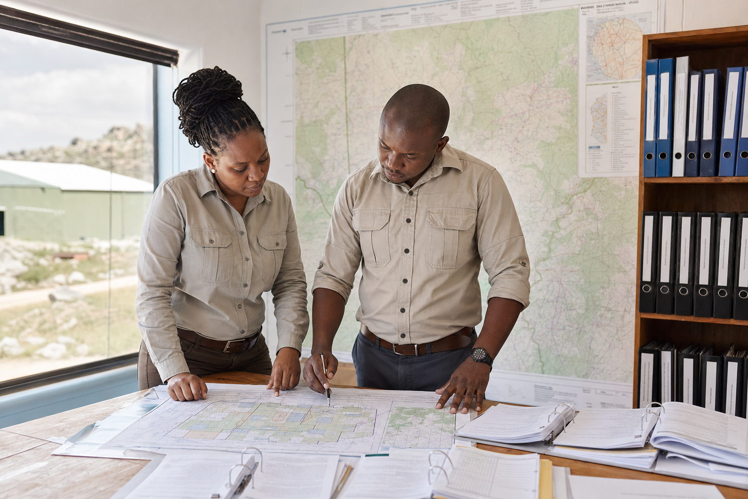 Exploration compliance specialists reviewing controlled maps and permit records