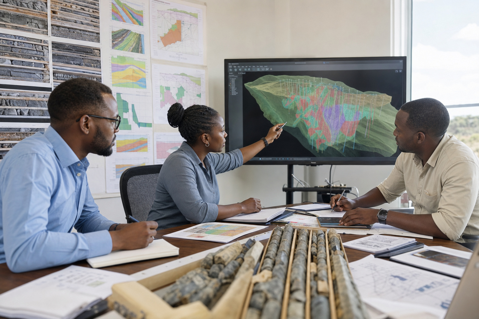 Geology professionals reviewing drilling evidence and controlled technical models